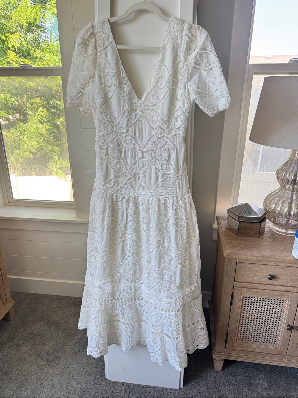 BTB Freya White Cotton Lace Maxi Dress Size Medium NWT Puff Sleeve Cottagecore